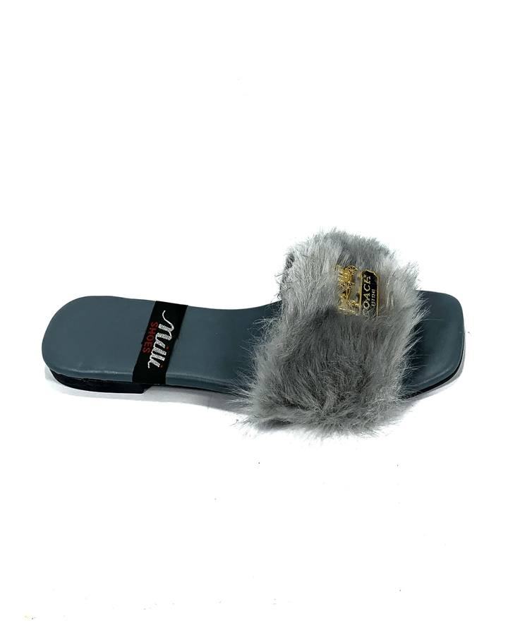 Faux-Fur Slide Sandals with Gold Emblem - online in Pakistan